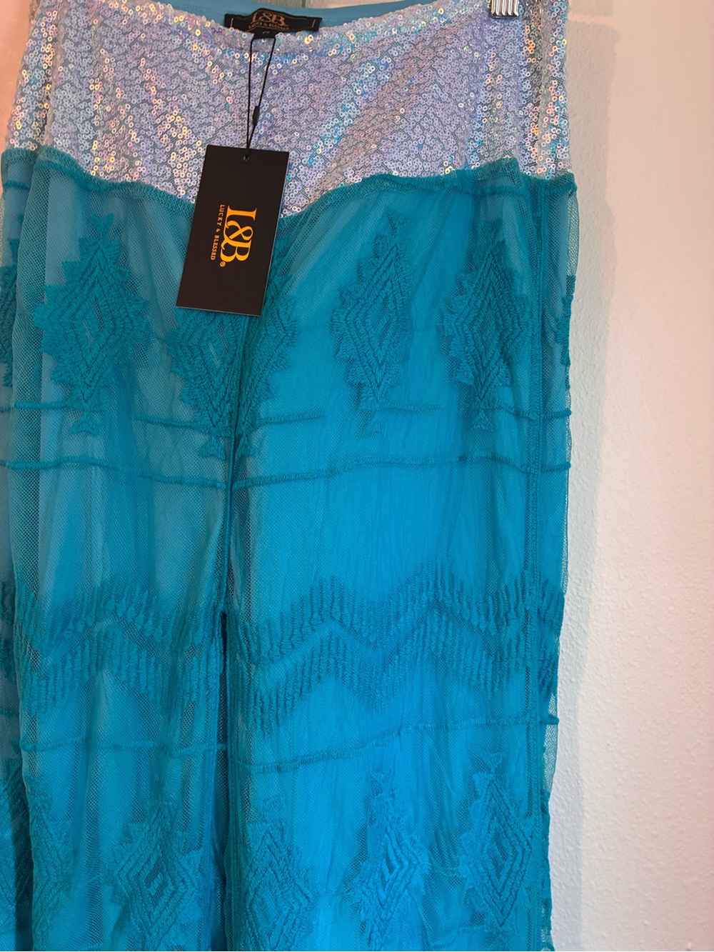 Lucky & Blessed Teal Sequin-Embellished Sheer Top
